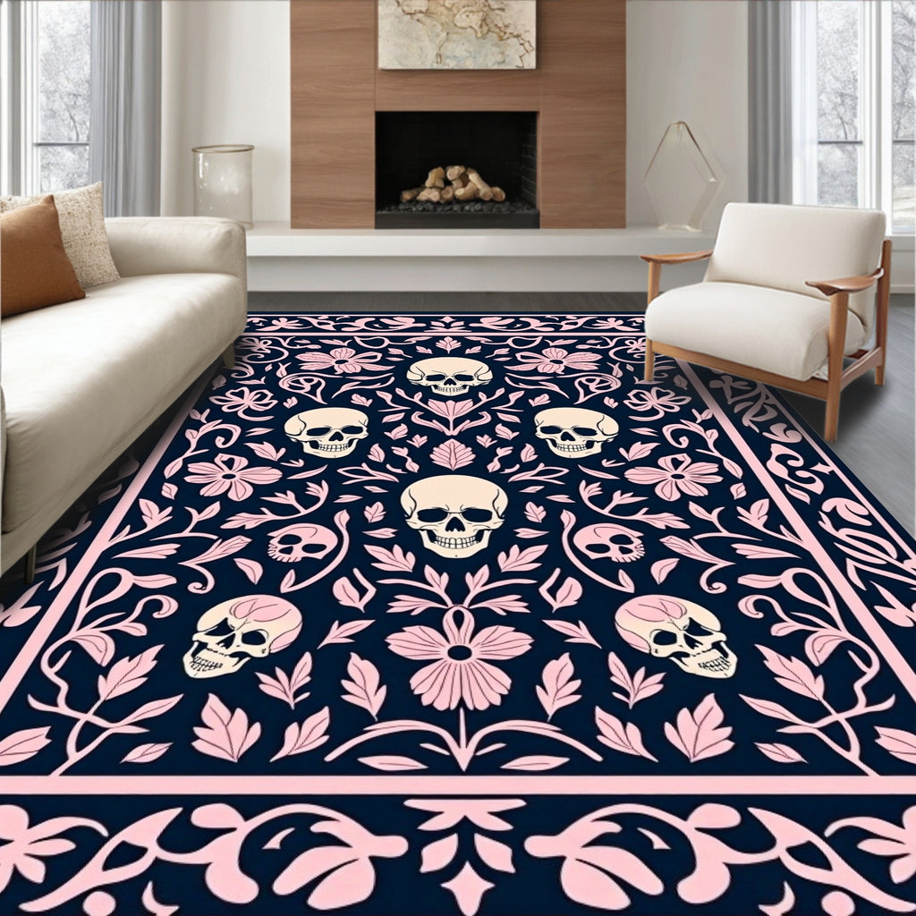 Dark Blue Pink Skull Floral Frame Rug