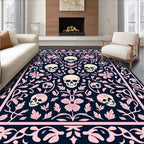Dark Blue Pink Skull Floral Frame Rug