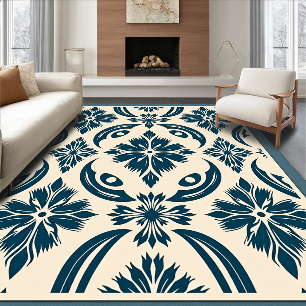 Naval Blue Floral Tile Rug
