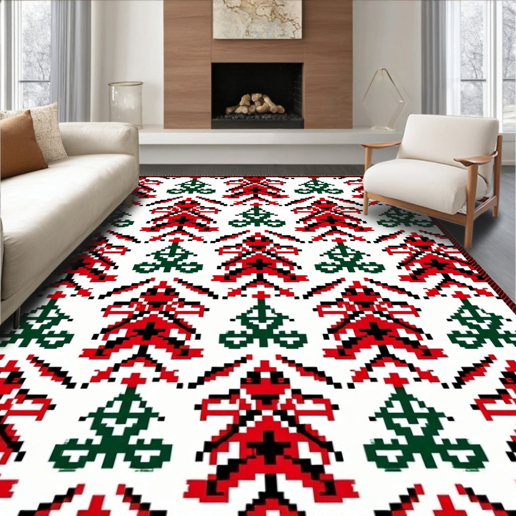 Embroidered Red Green Tree Repeat Rug
