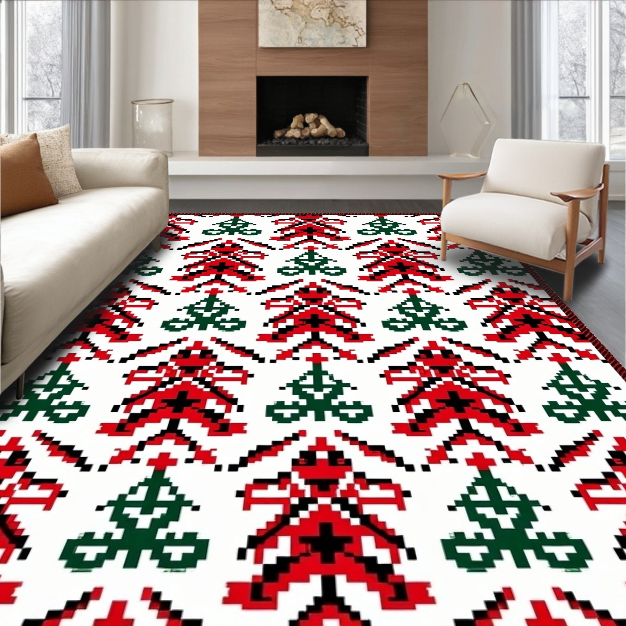 Embroidered Red Green Tree Repeat Rug