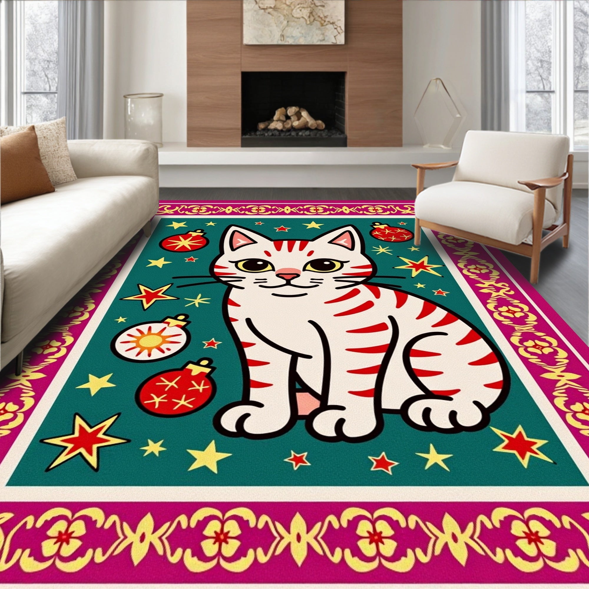 Whimsical Cat Stars Ornaments Teal Rug