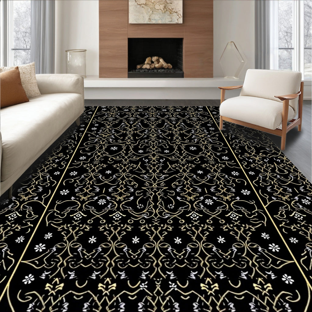 Elegant Black Gold Floral Vines Rug