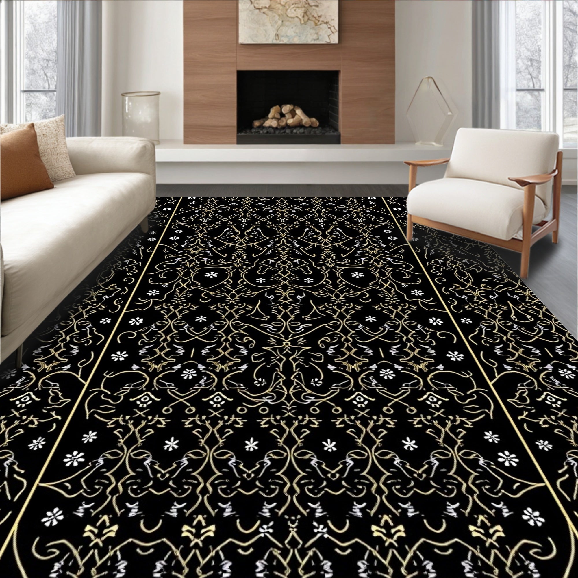 Elegant Black Gold Floral Vines Rug