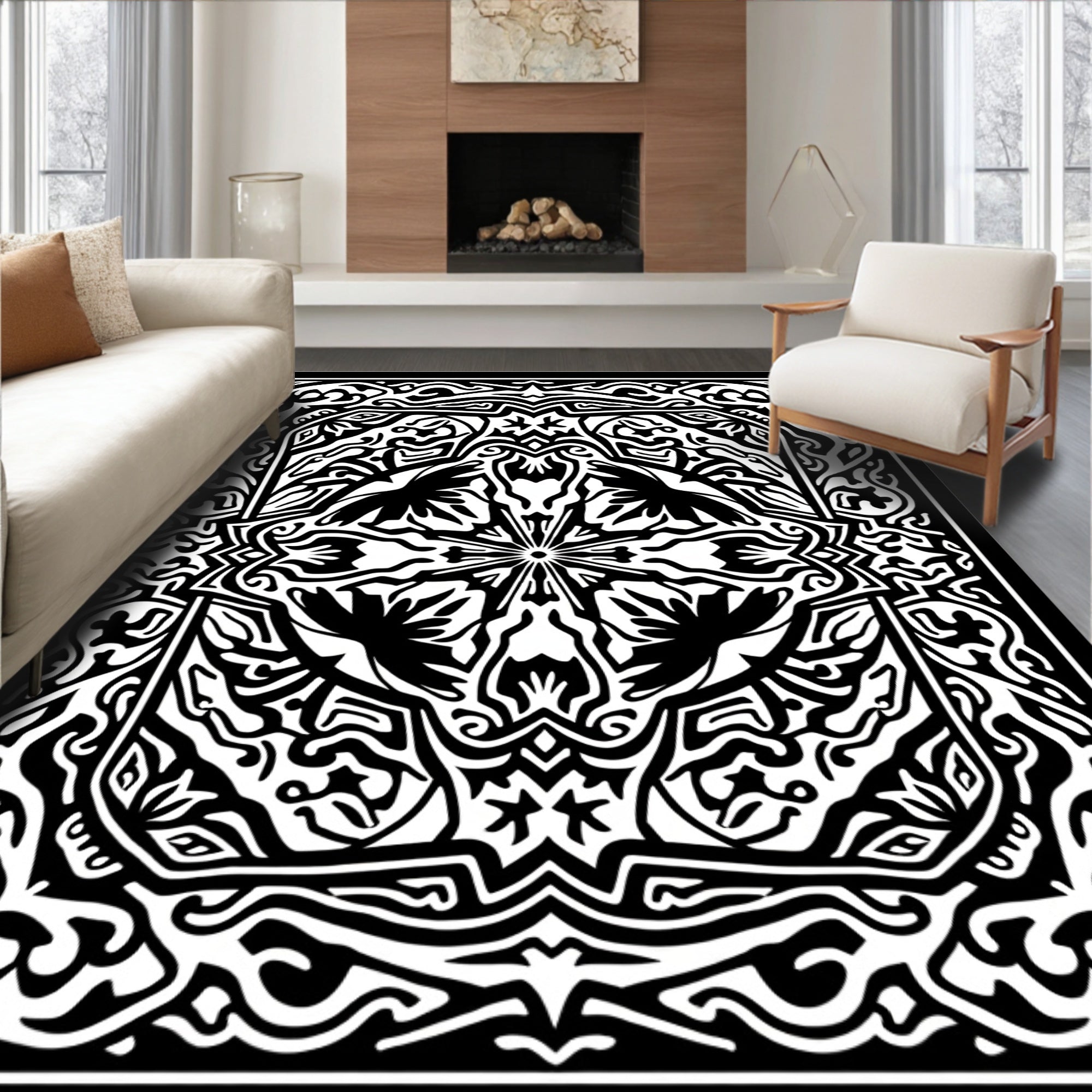 Bold Black and White Abstract Floral Rug
