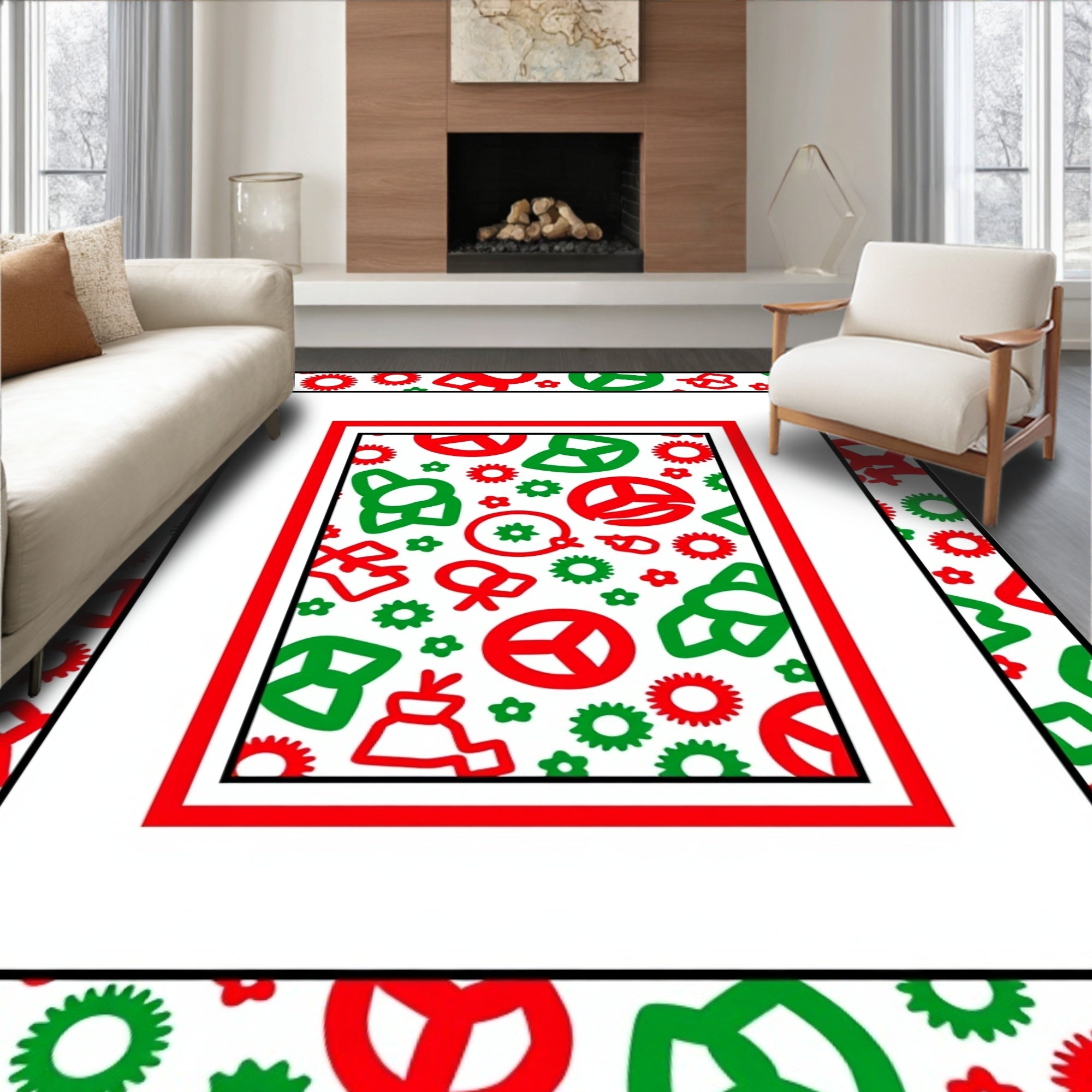 Bold Red Green Abstract Icons Rug