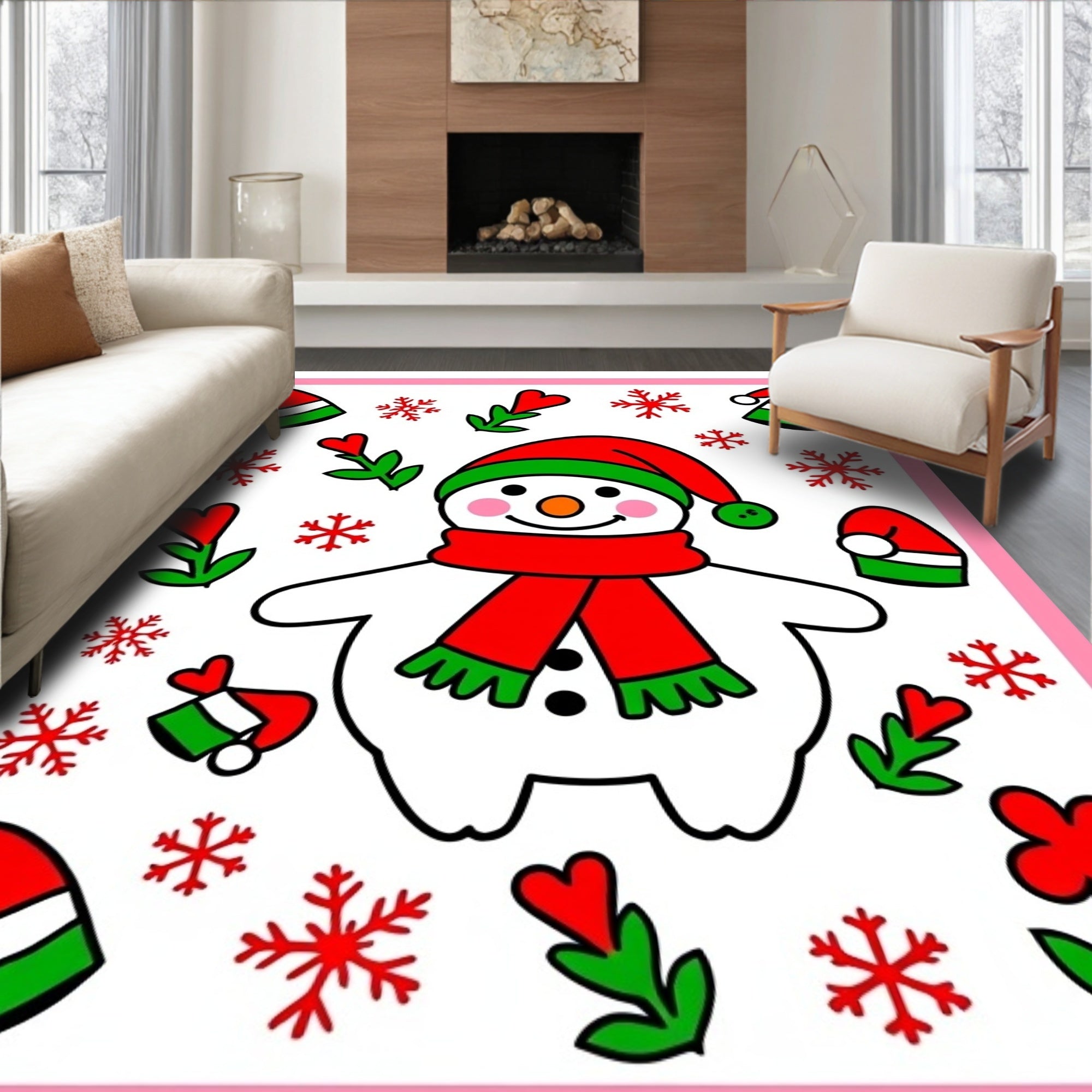 Cheerful Snowman Red Green Christmas Elements Rug