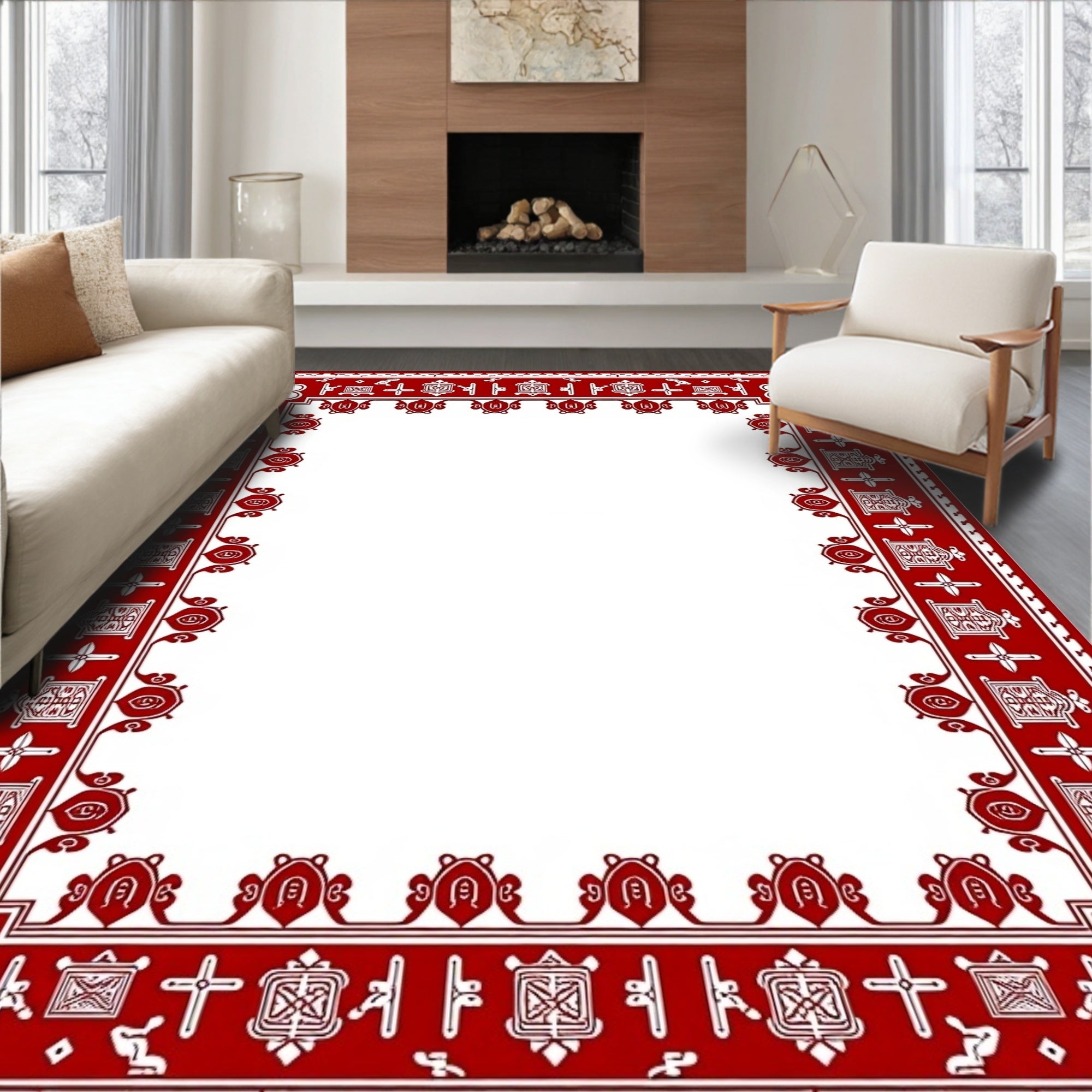 Crimson Red Folk Art Border Rug
