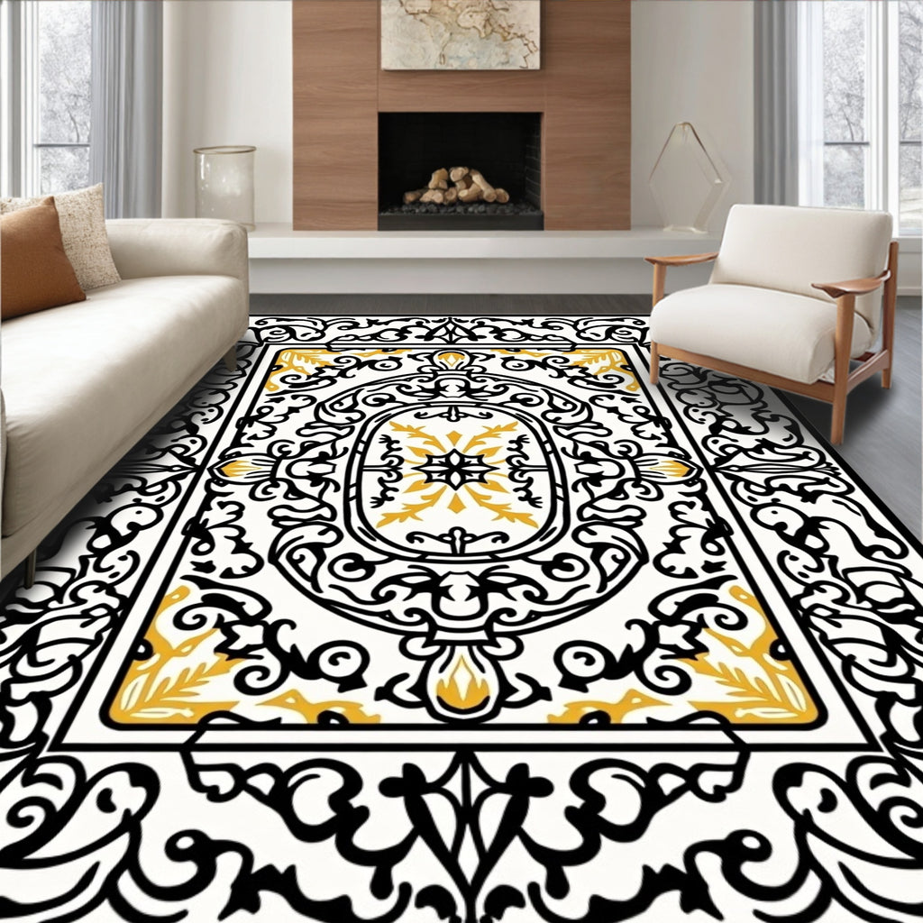 Ornate Black Gold Scrollwork Medallion Rug