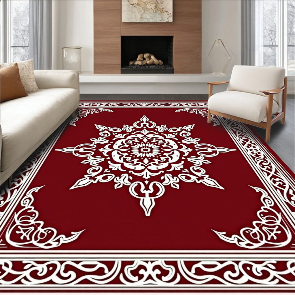 Ornate Crimson Mandala Border Rug