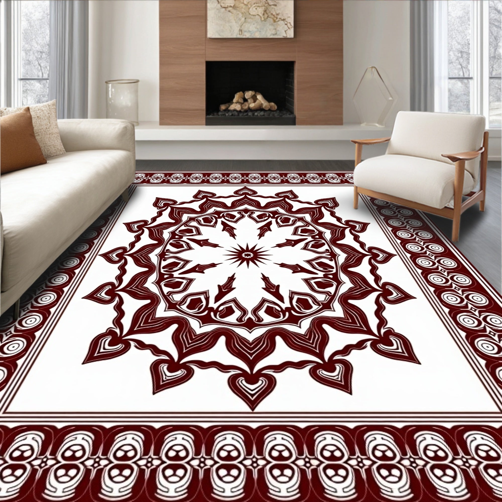 Maroon Floral Medallion Border Rug