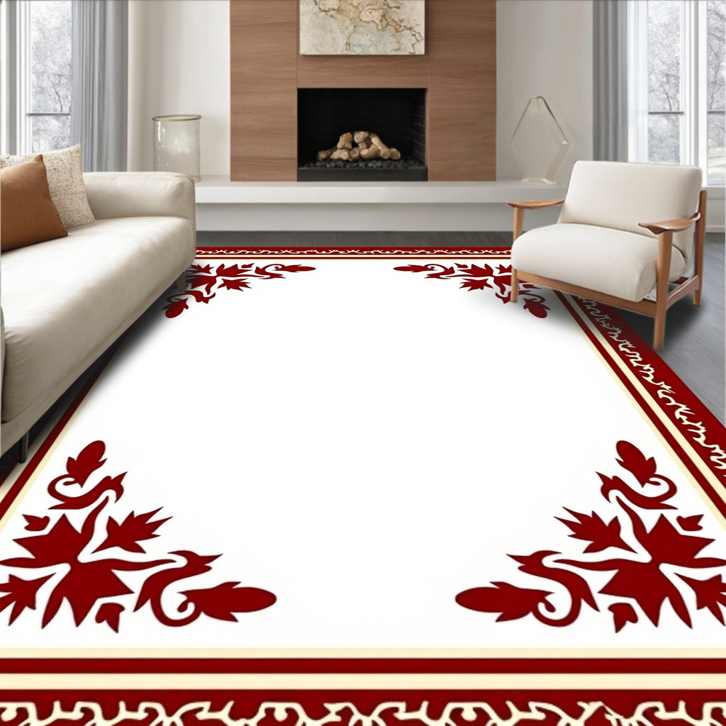 Rich Red Floral Corner Border Rug