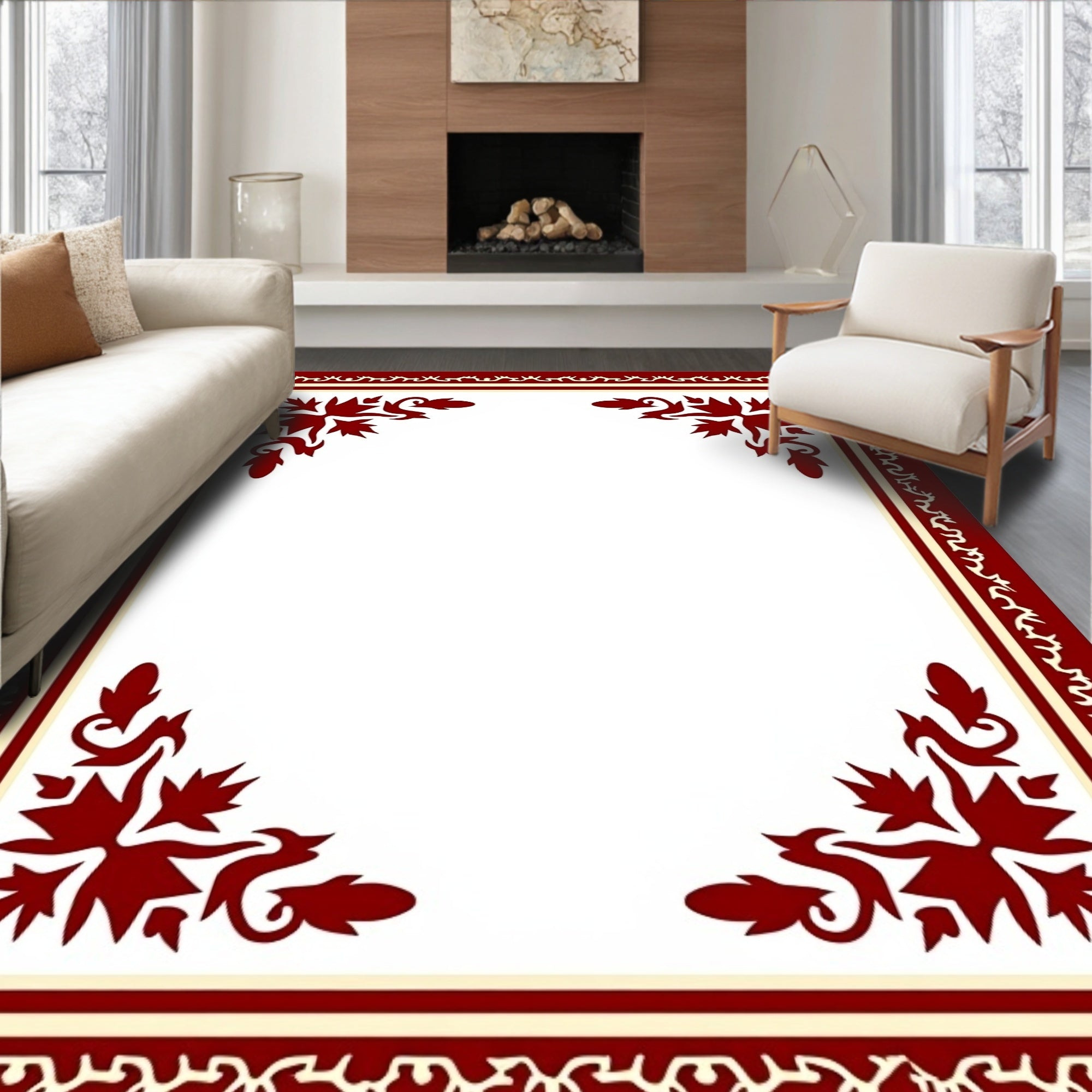 Rich Red Floral Corner Border Rug