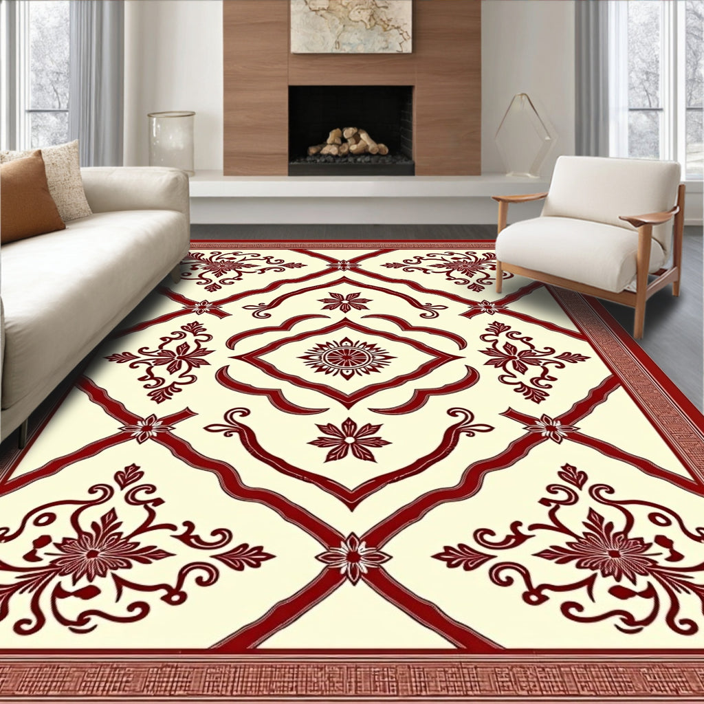 Crimson Floral Lattice Medallion Rug