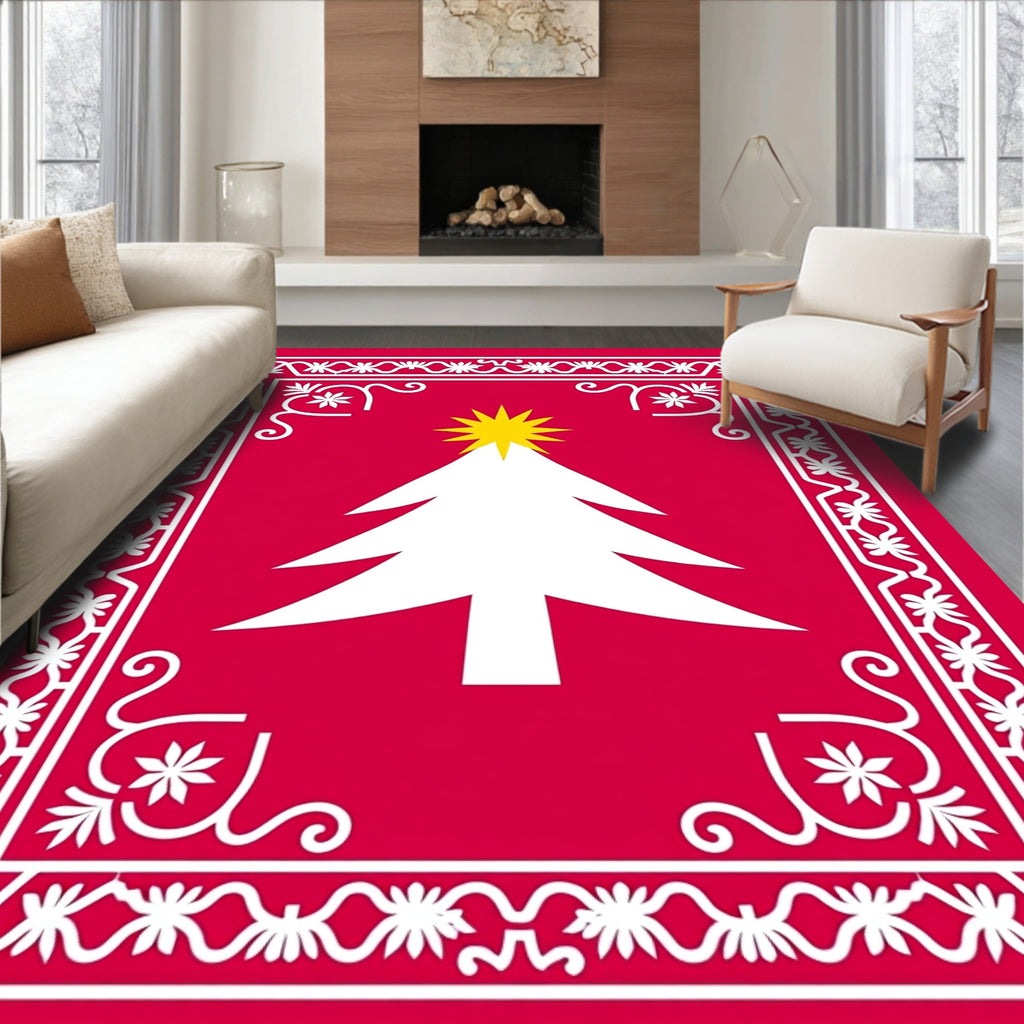 Red White Christmas Tree Border Rug