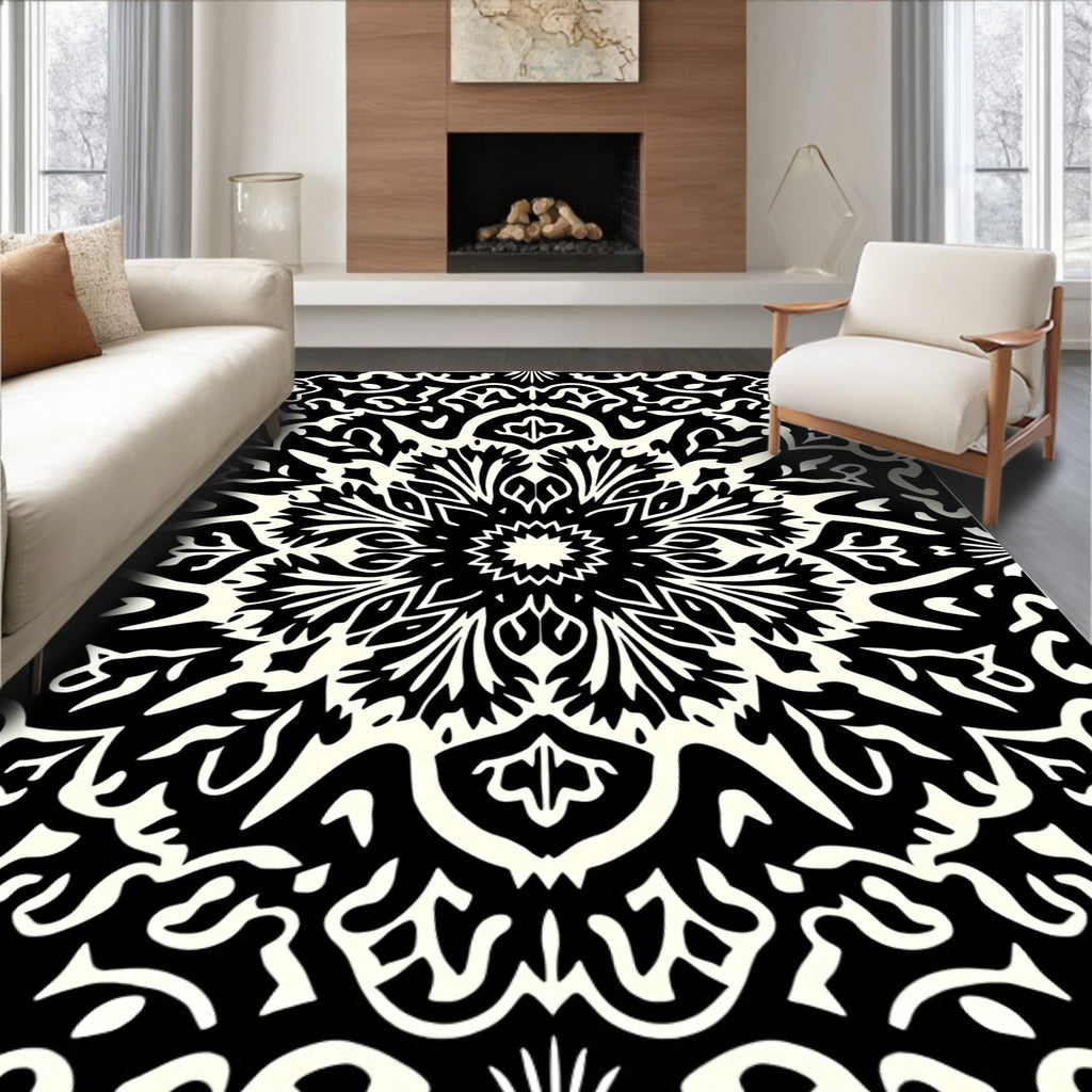 Bold Black Ivory Radial Flower Rug