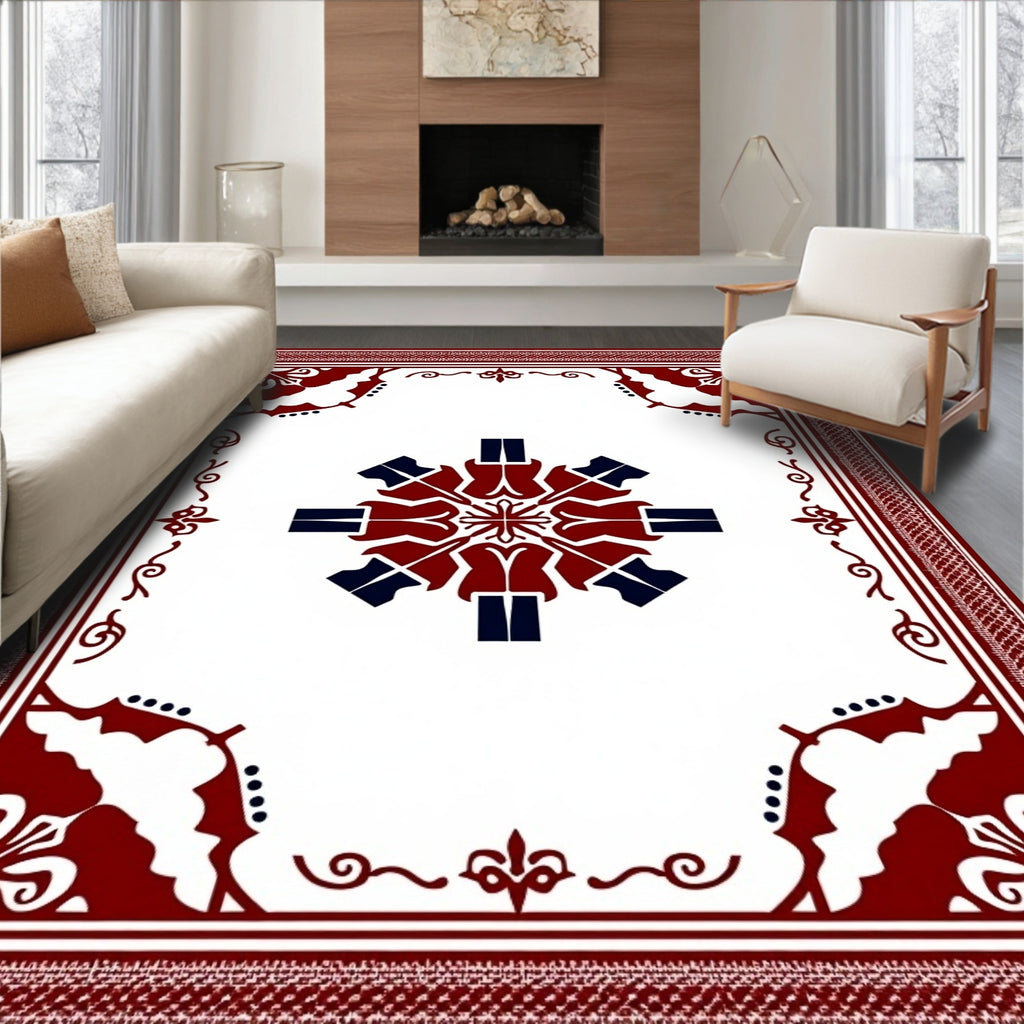 Deep Red Navy Symmetrical Floral Rug