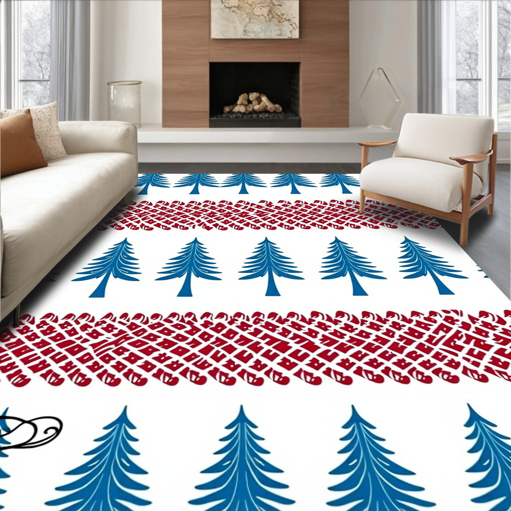 Blue Evergreen Trees Red Border Cat Sleigh Rug