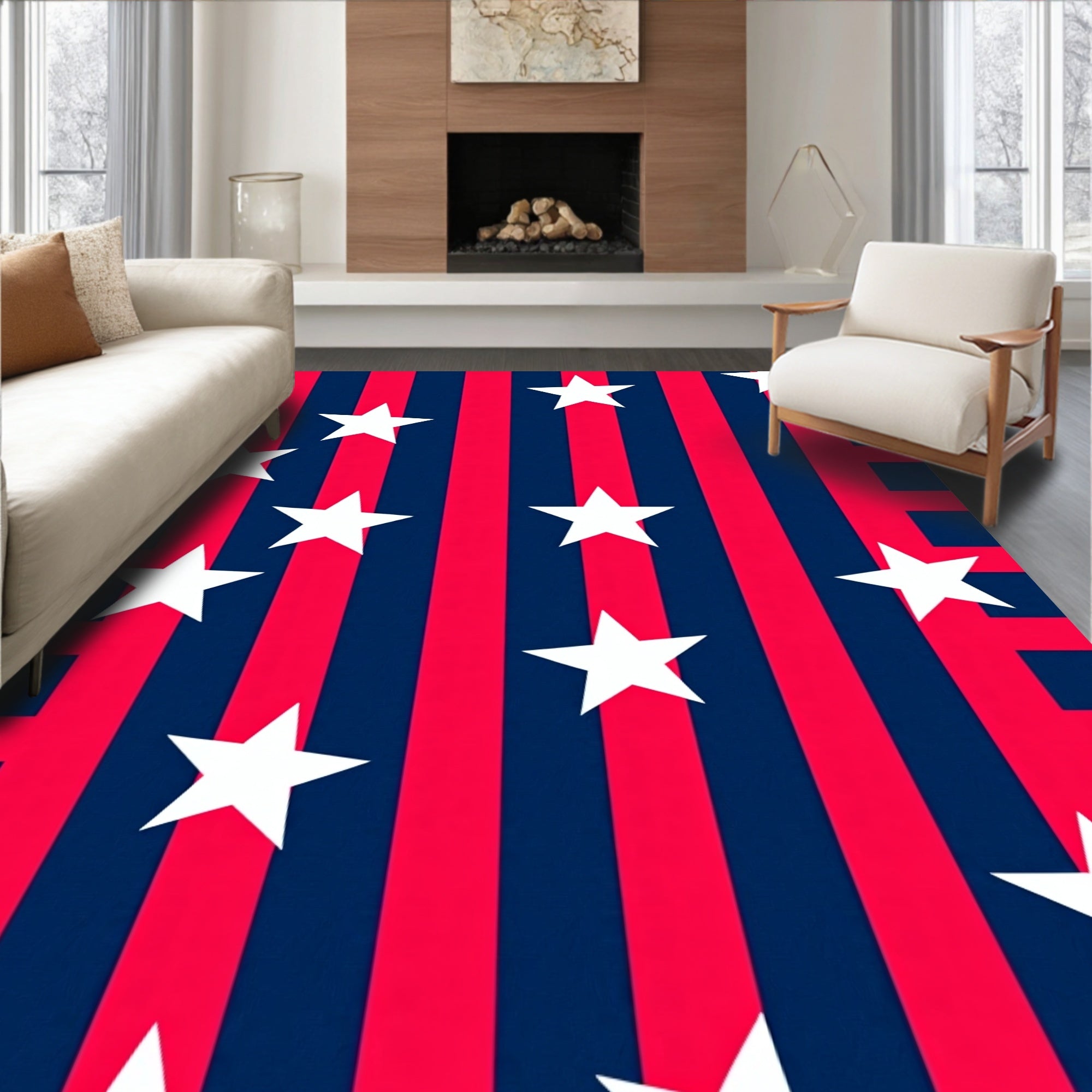 Red Blue Star Stripes Rug