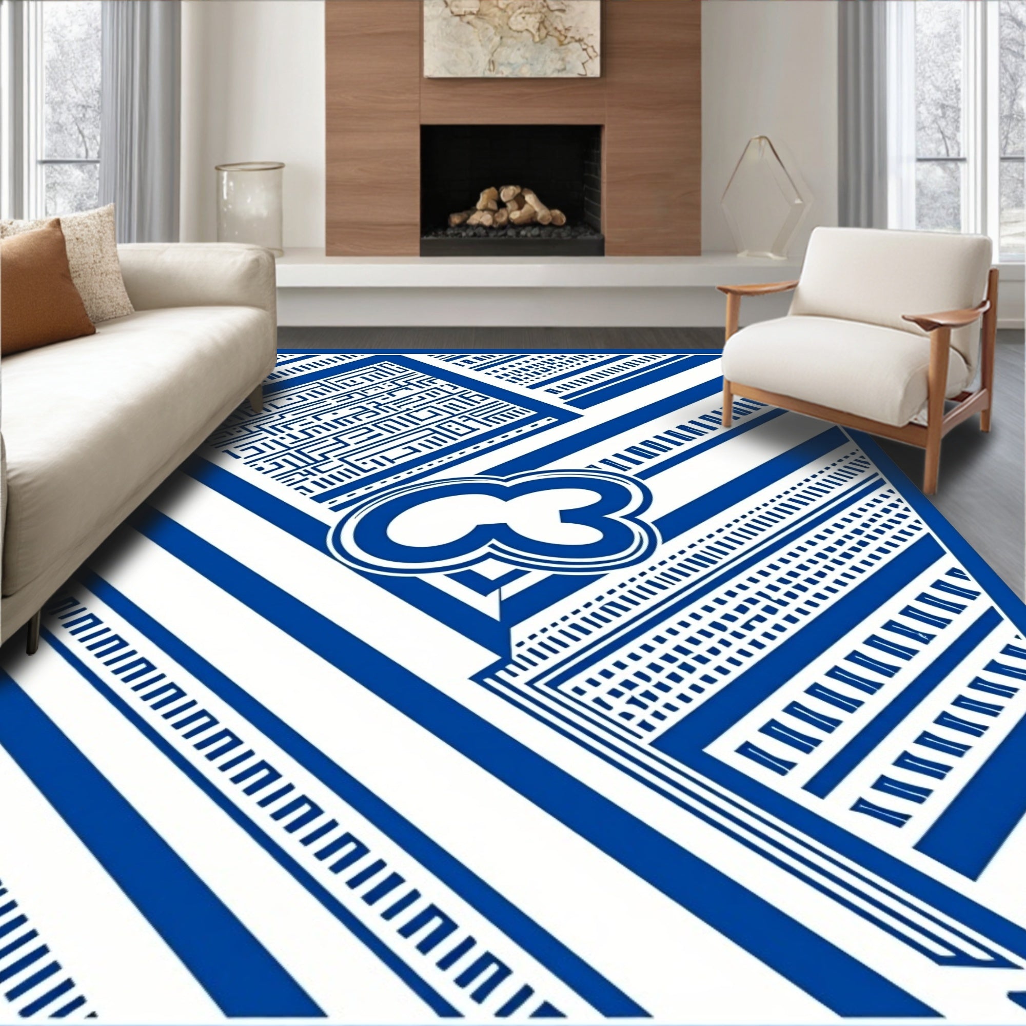 Blue White Geometric Stripe Abstract Rug