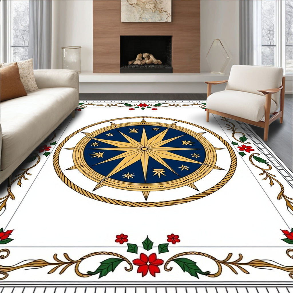 Nautical Blue Golden Compass Rose Rug