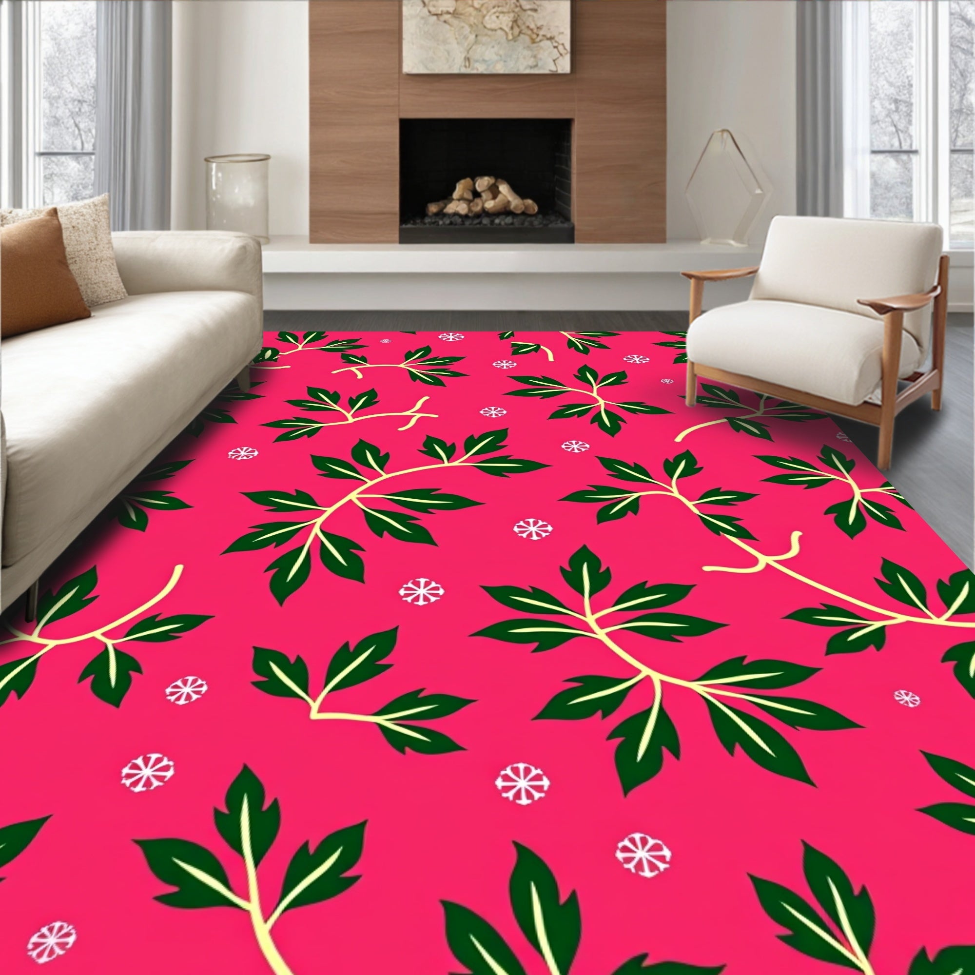 Vibrant Pink Green Leaf Vines Rug