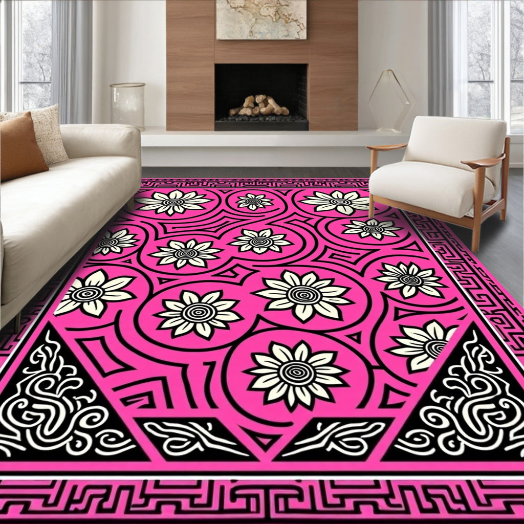 Vibrant Pink Floral Swirl Geometric Rug