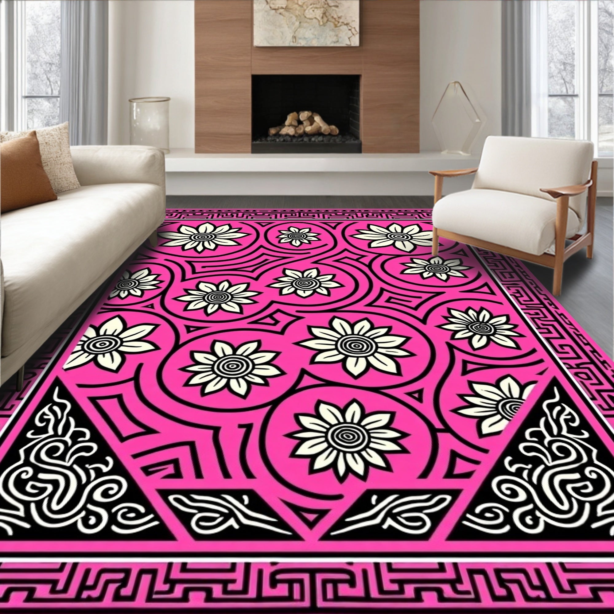 Vibrant Pink Floral Swirl Geometric Rug
