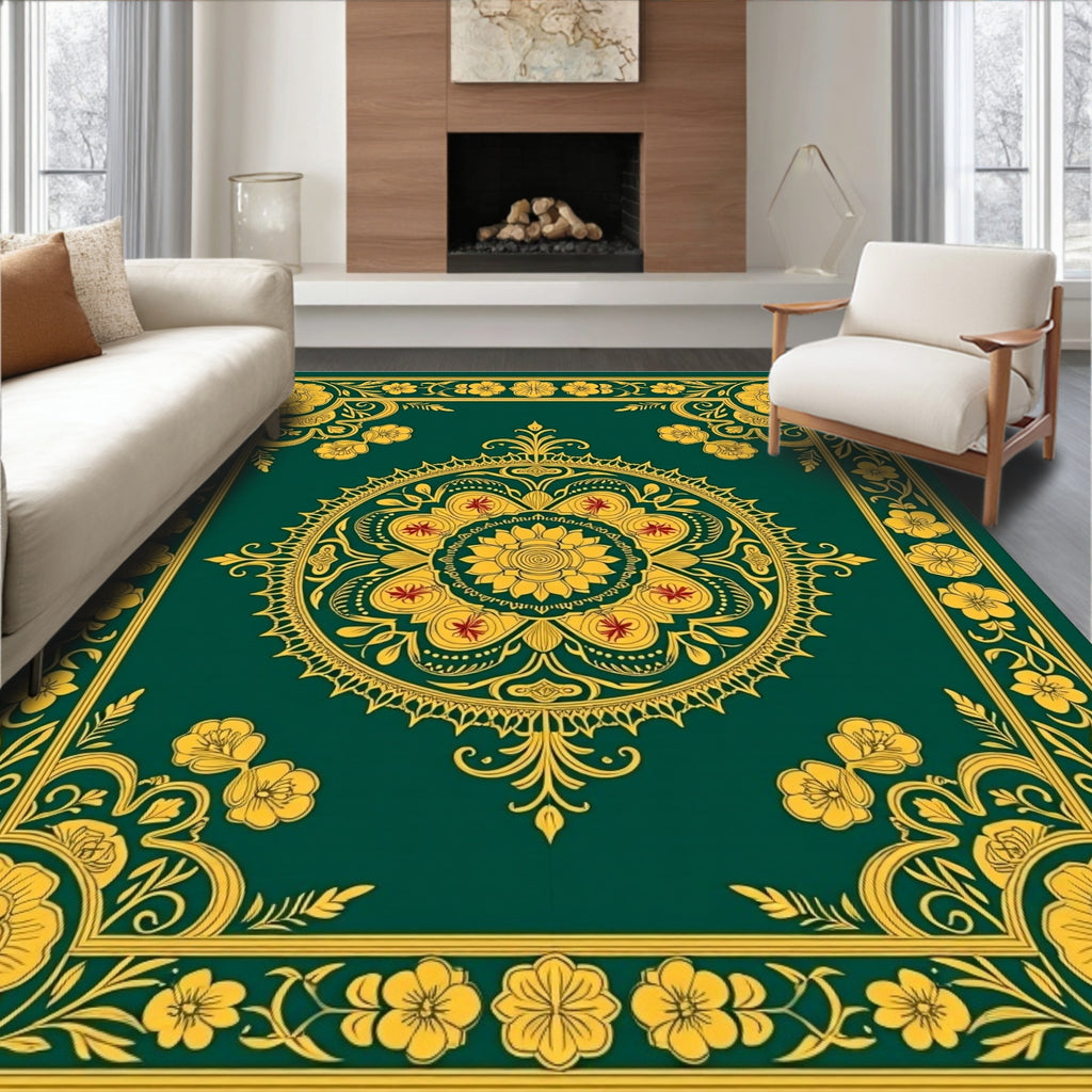 Emerald Golden Floral Intricate Mandala Rug