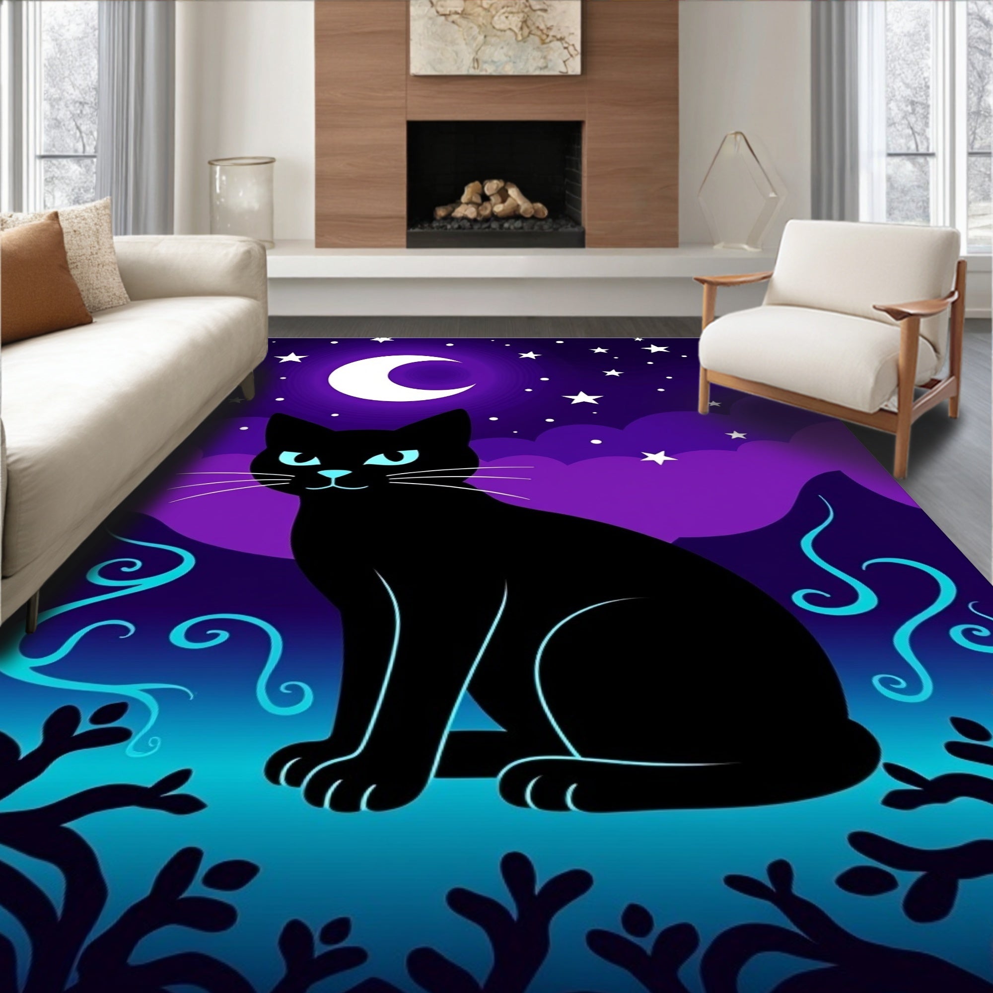 Mystic Black Cat Crescent Moon Night Rug