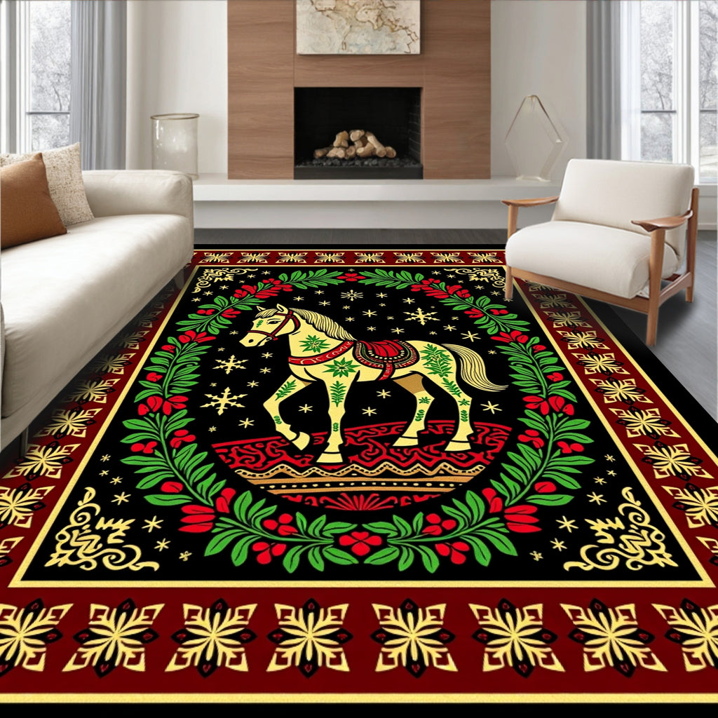 Golden Horse Floral Wreath Festive Rug