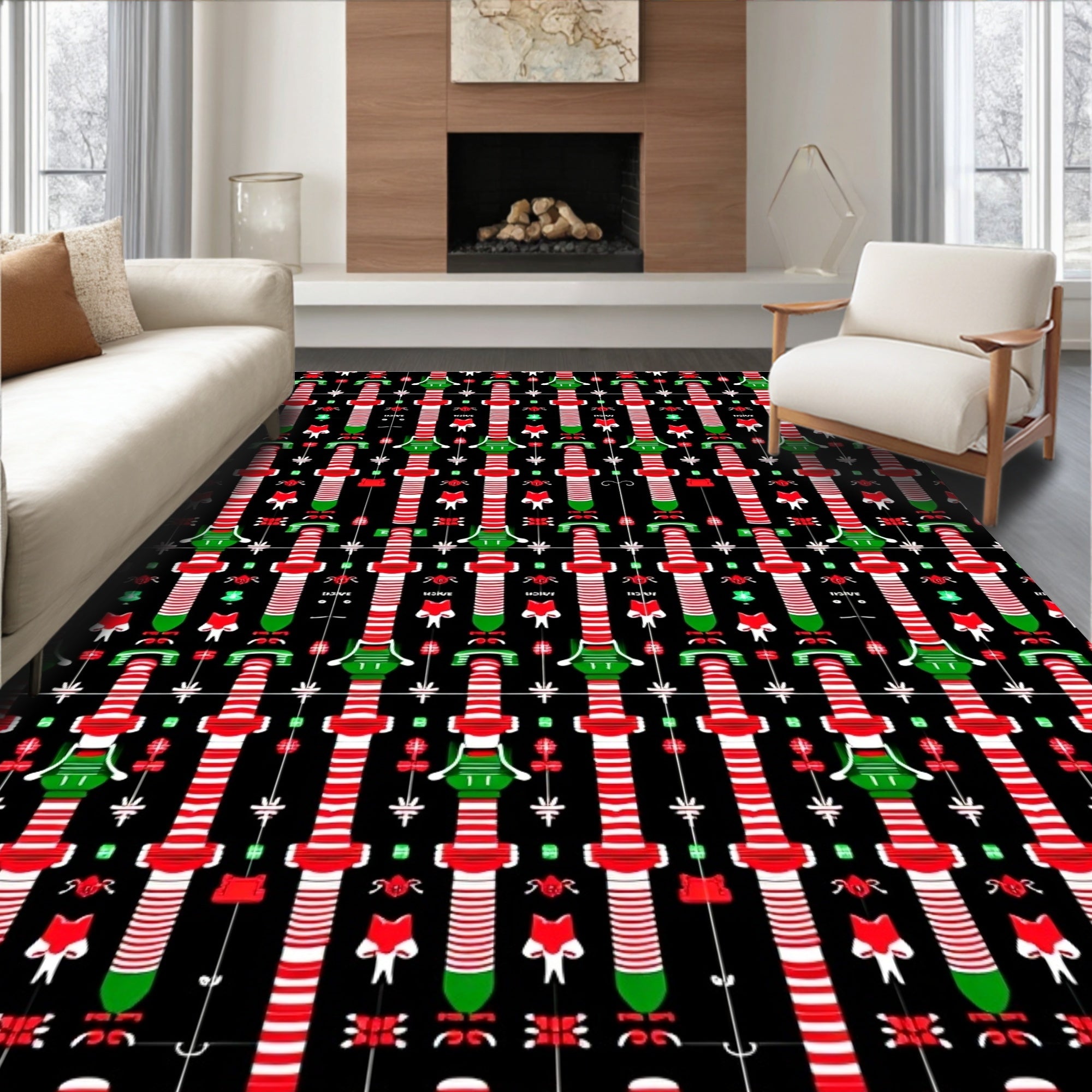 Vertical Red Green Stripes Bow Harlequin Rug