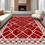 Crimson Geometric Diamond Border Medallion Rug