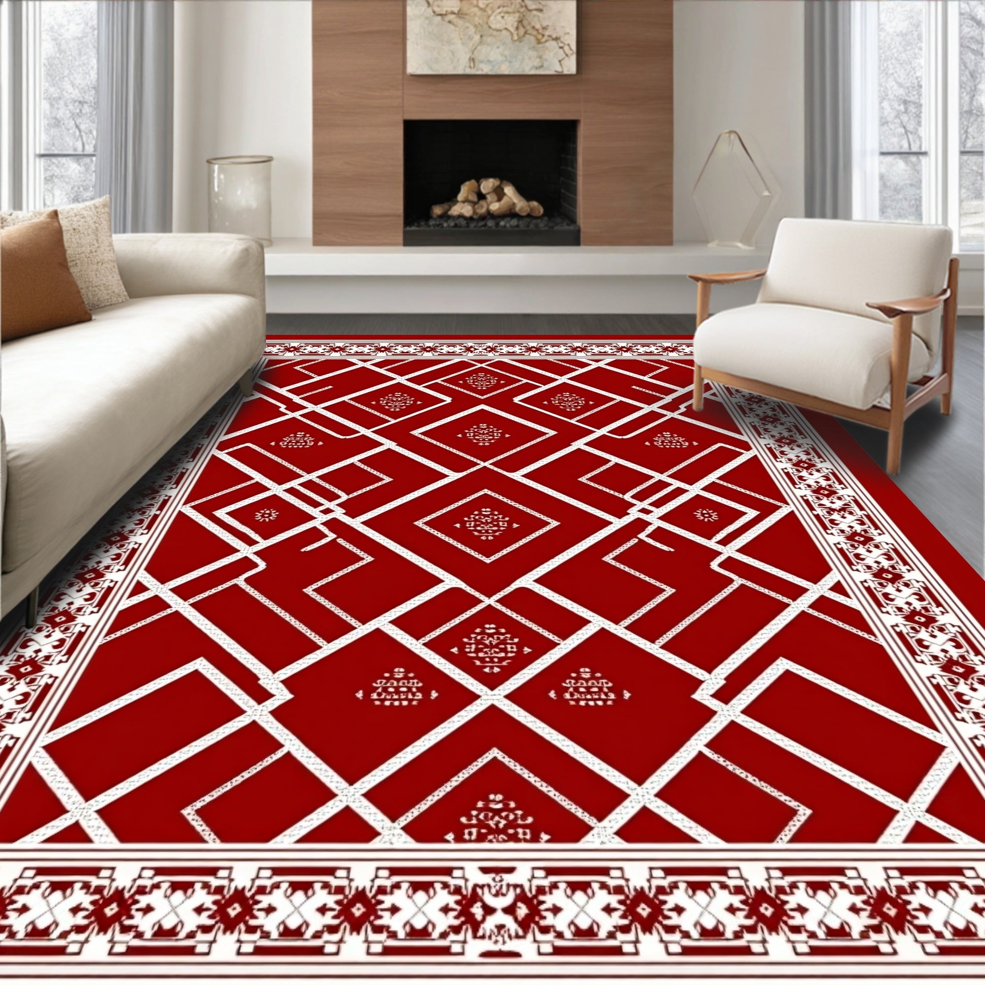 Crimson Geometric Diamond Border Medallion Rug
