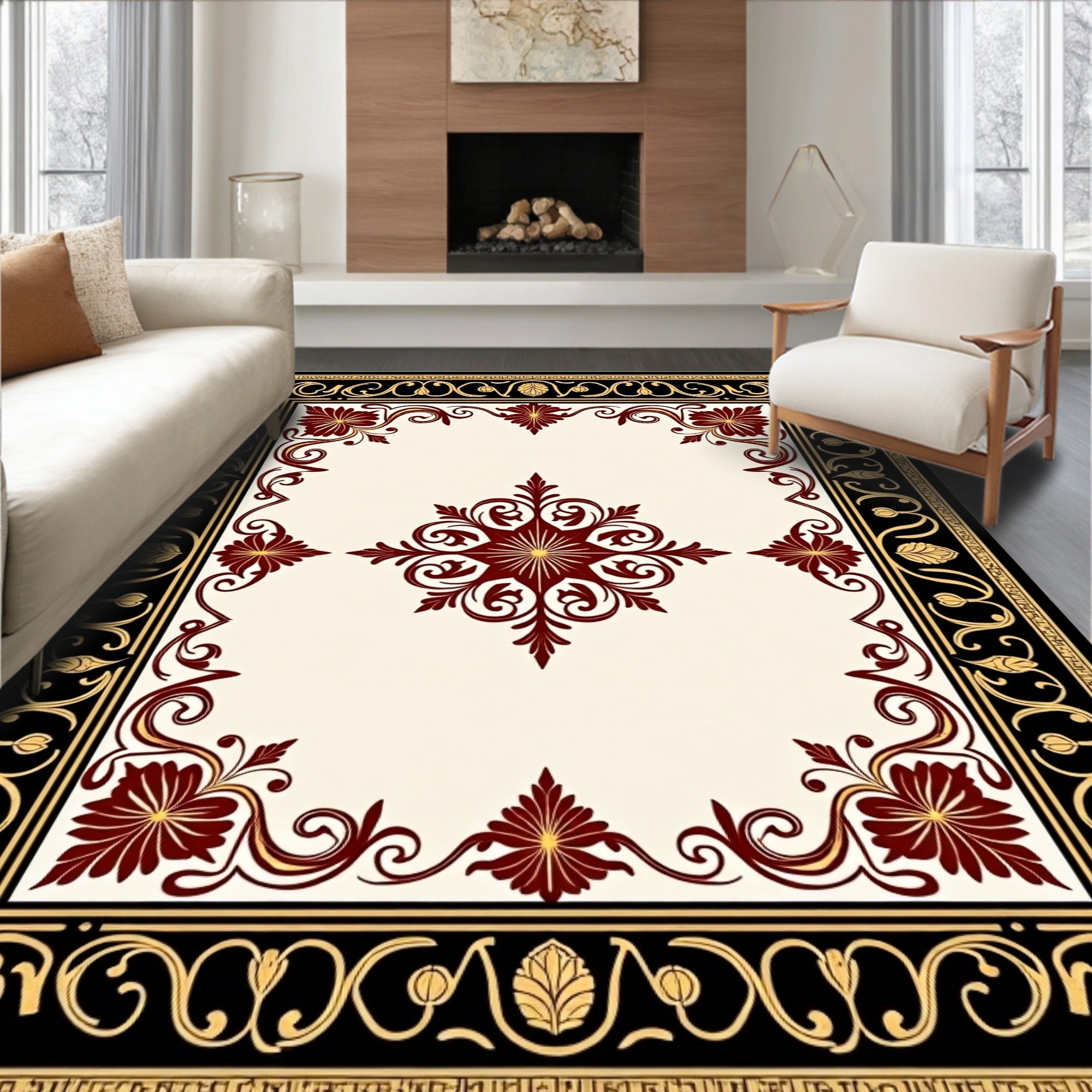 Crimson Floral Black Gold Border Rug