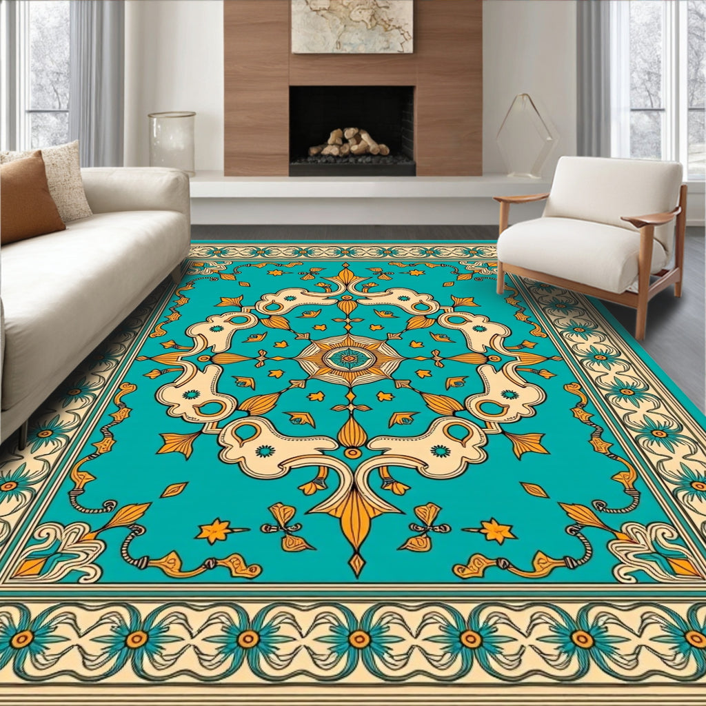 Turquoise Cream Golden Floral Medallion Rug