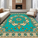 Turquoise Cream Golden Floral Medallion Rug