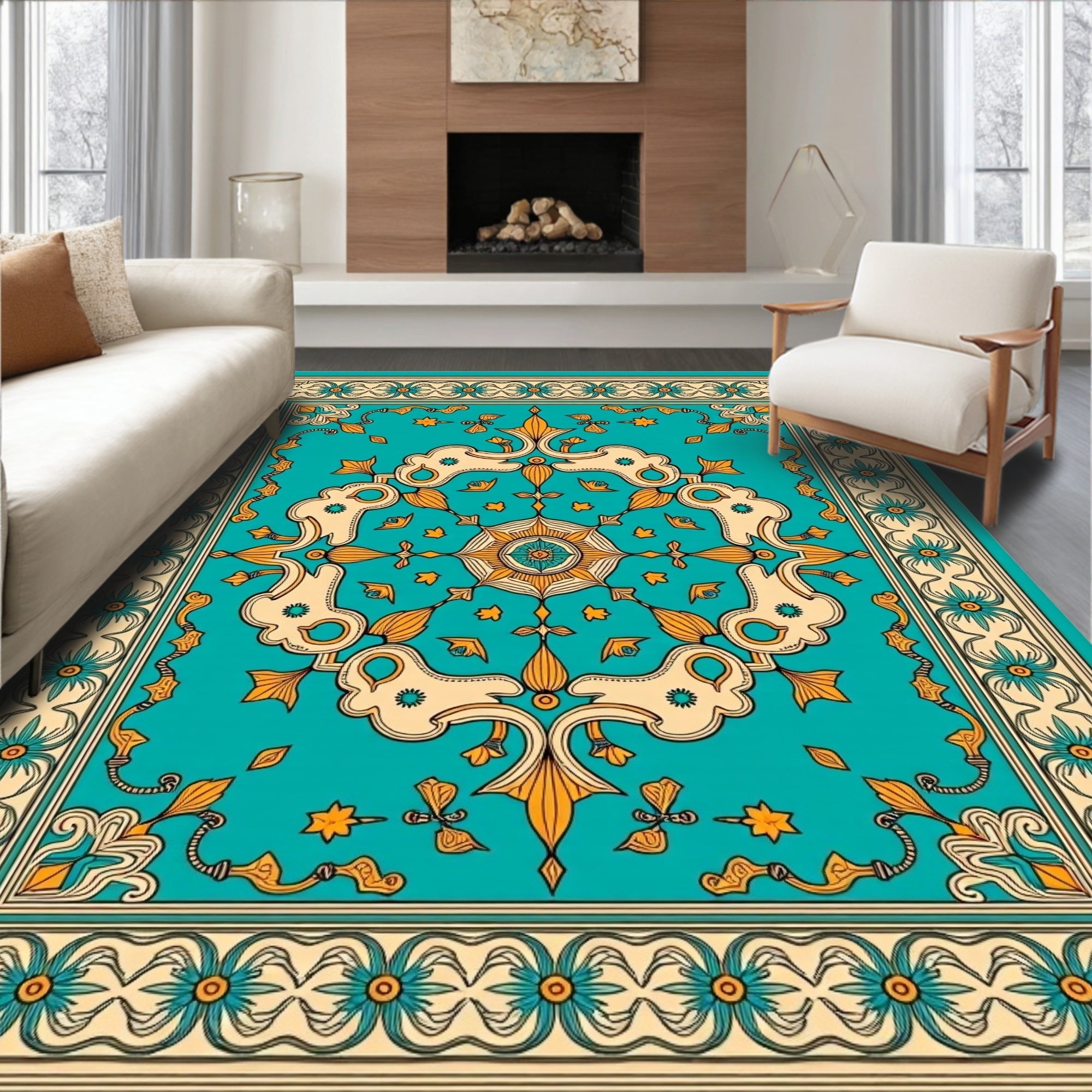 Turquoise Cream Golden Floral Medallion Rug