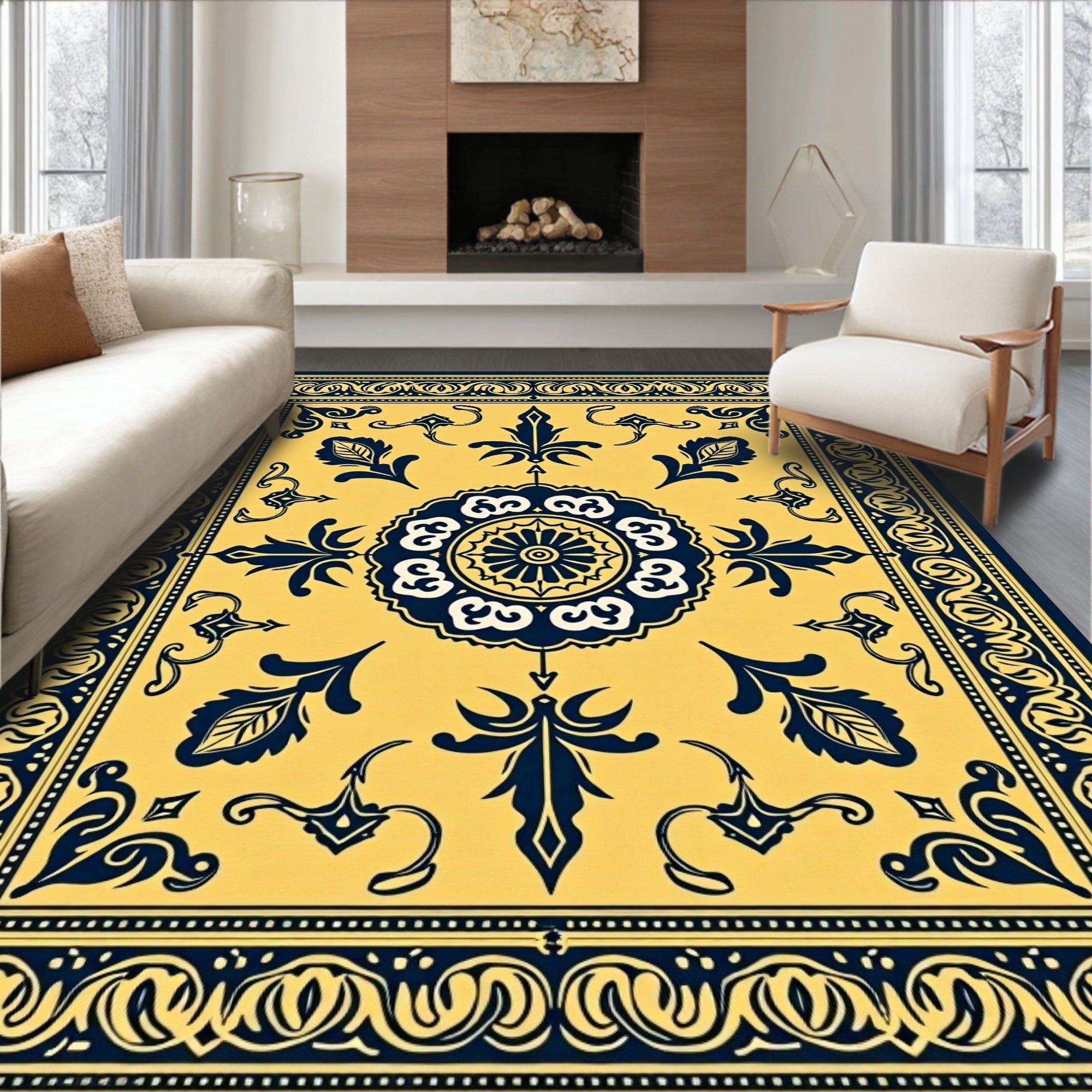 Luminous Yellow Blue Ornamental Medallion Rug