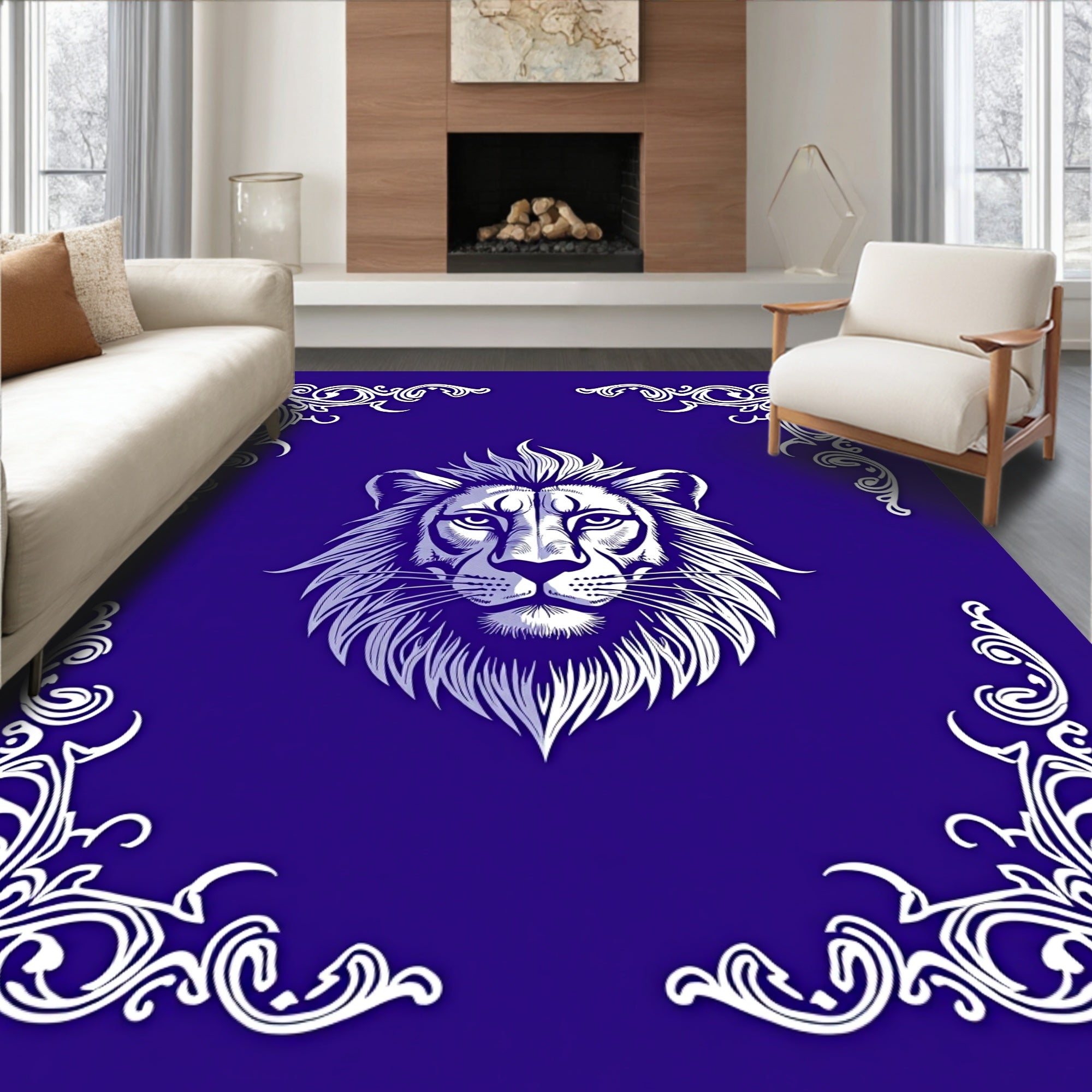 Majestic Lion Head White Filigree Rug
