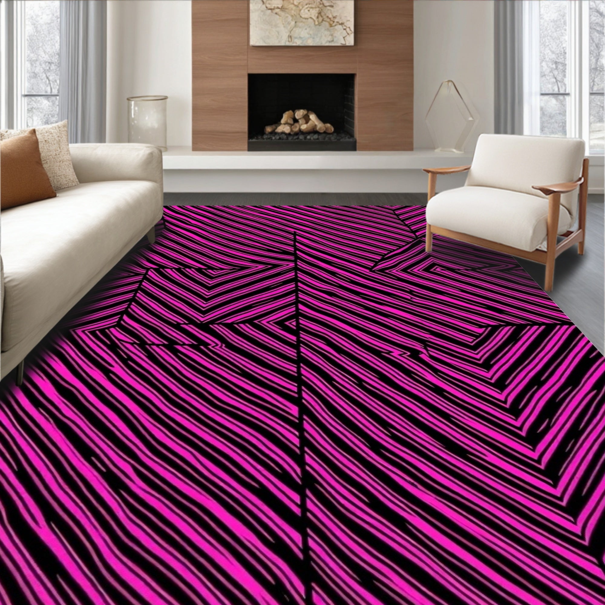 Vibrant Hot Pink Black Striped Overlay Rug