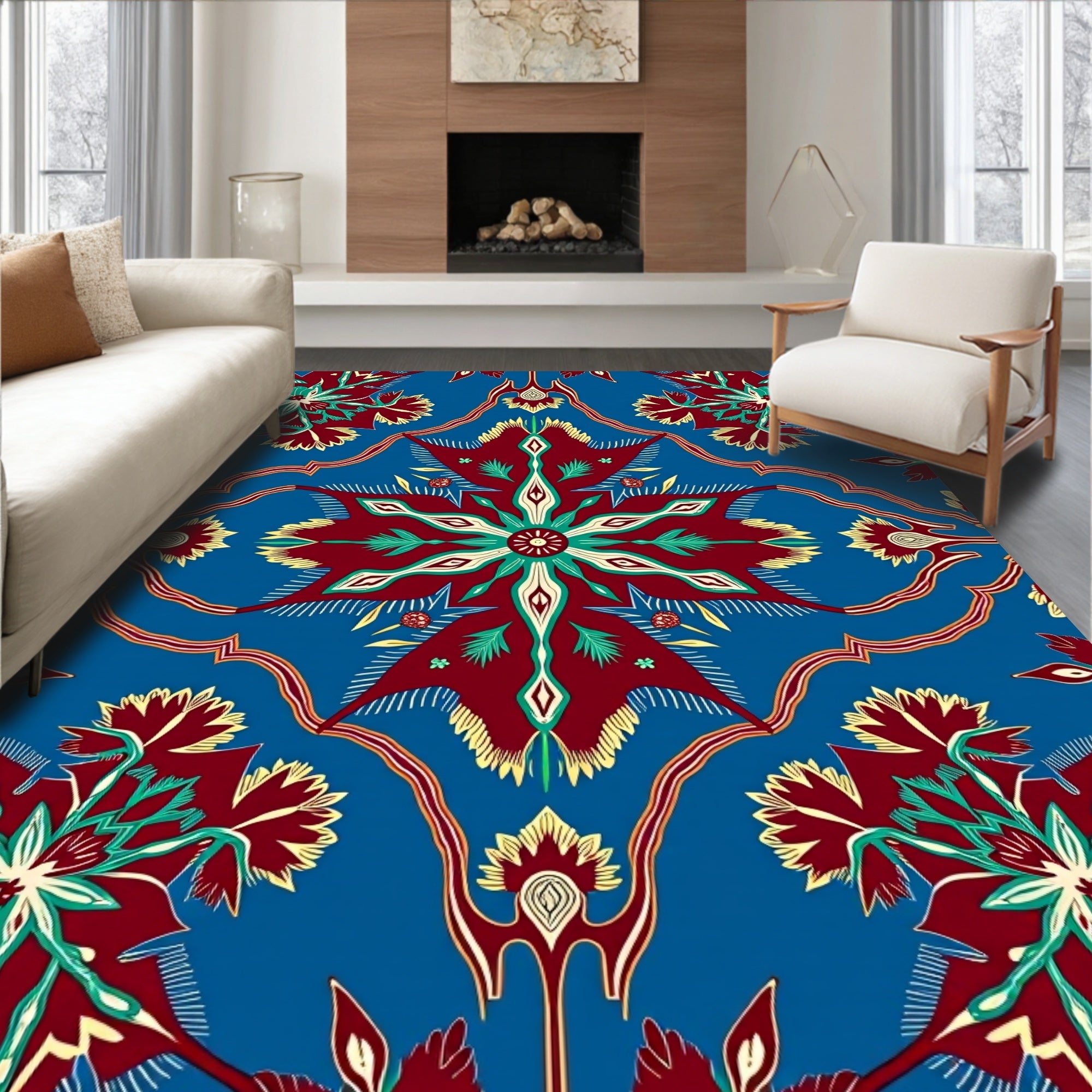 Lush Crimson Blue Floral Medallion Rug