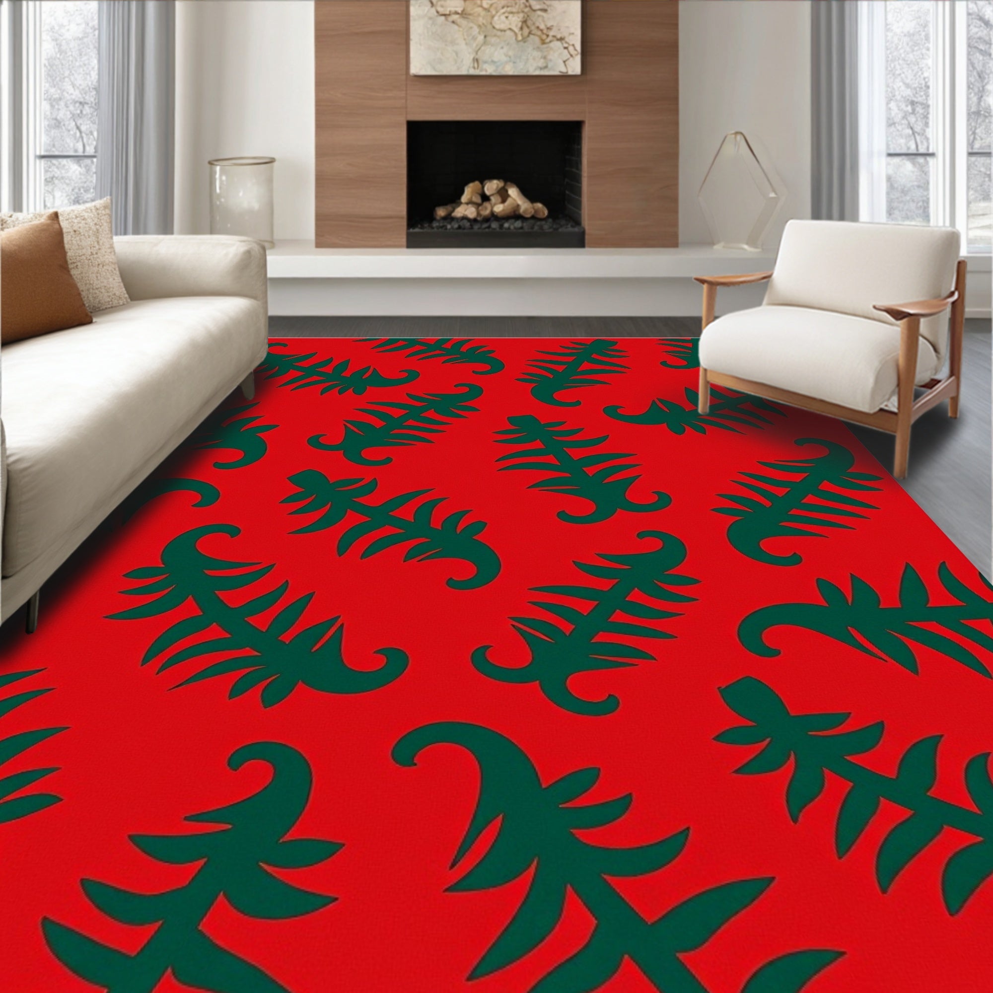 Bold Red Green Fern Foliage Rug