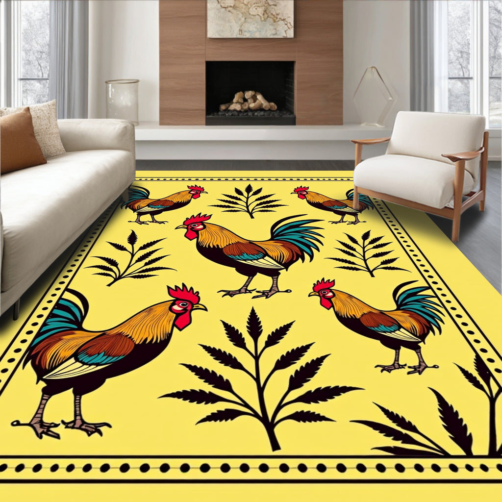 Golden Roosters with Botanical Foliage Rug