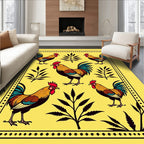 Golden Roosters with Botanical Foliage Rug