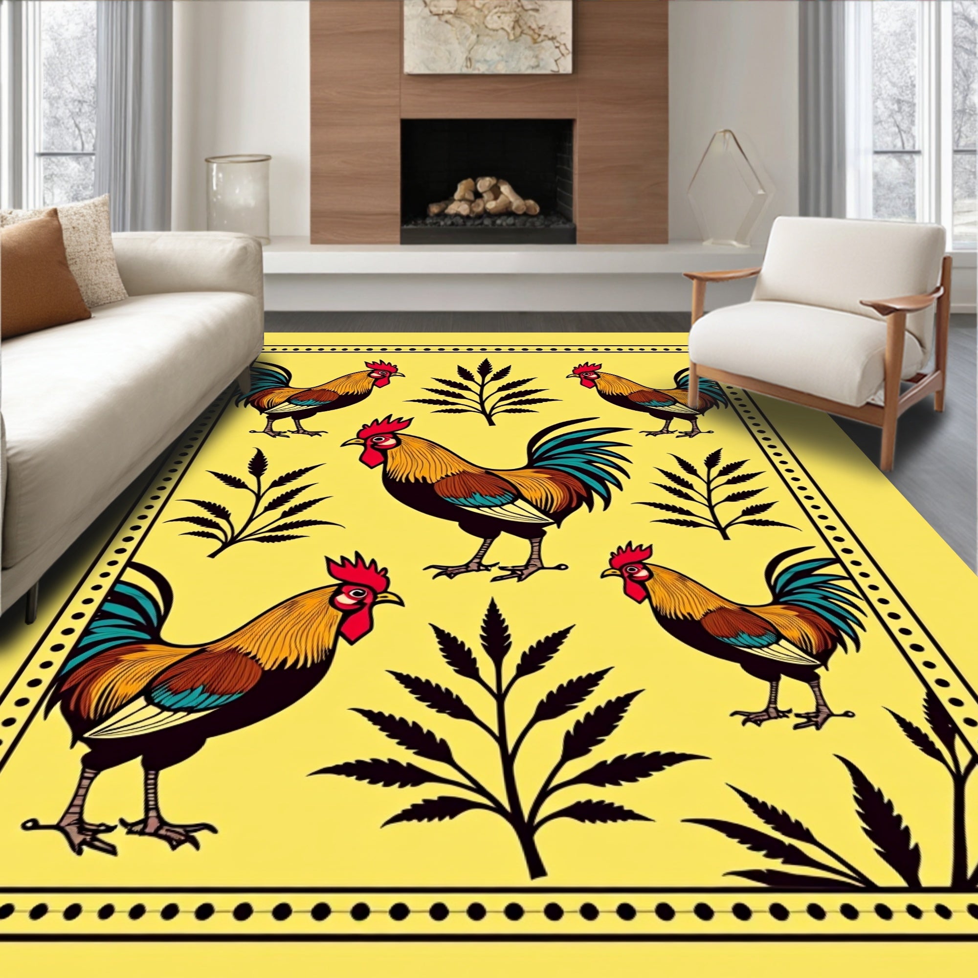 Golden Roosters with Botanical Foliage Rug