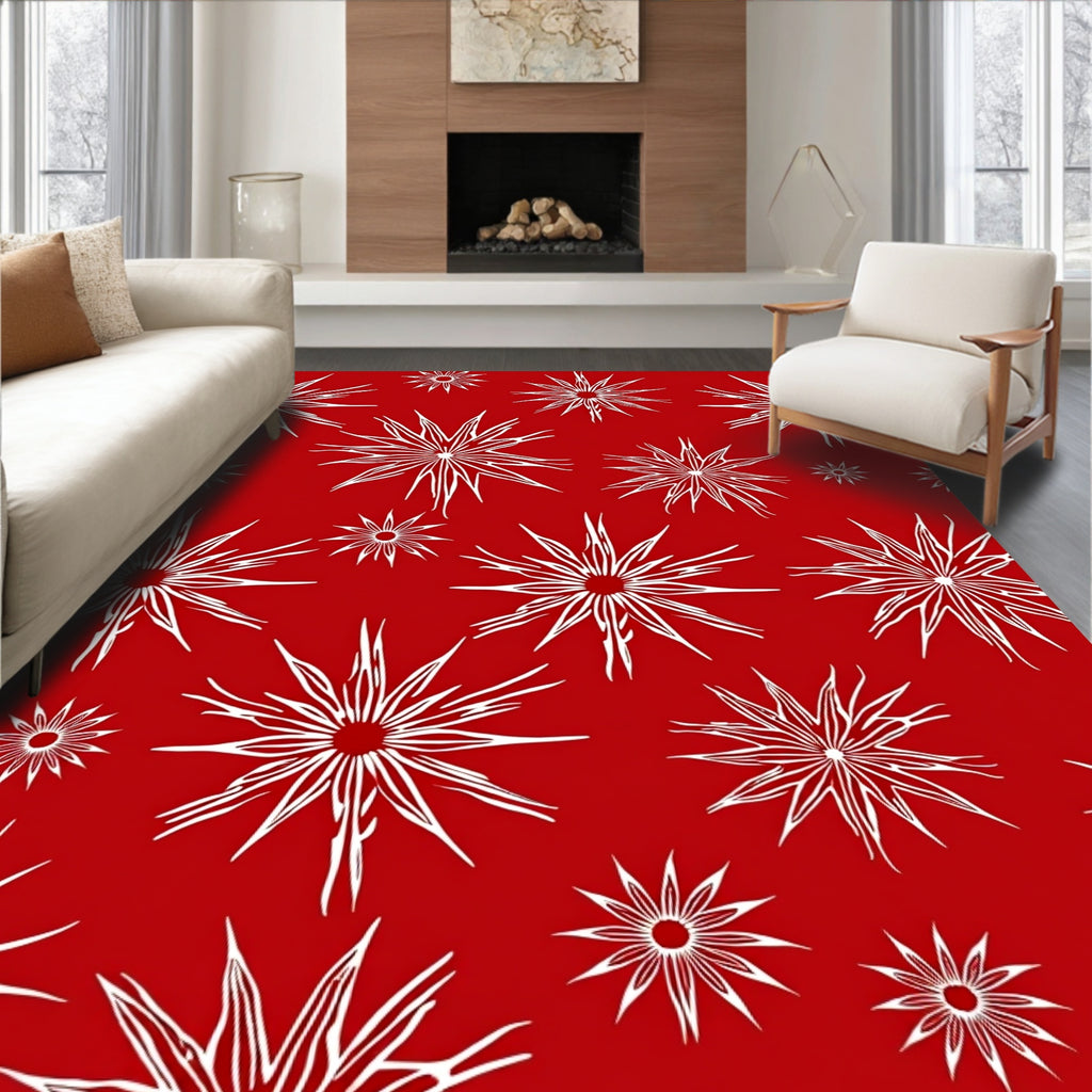 White Starbursts on Red Background Rug