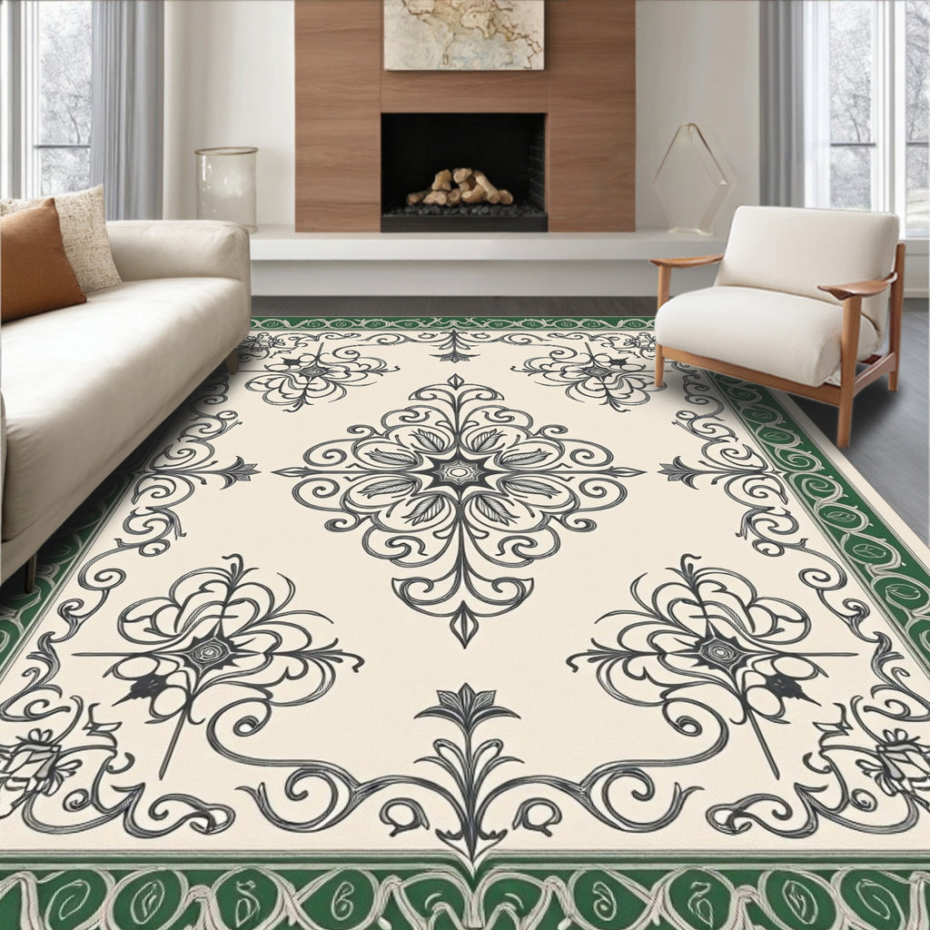 Cream Green Baroque Floral Medallion Rug