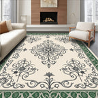 Cream Green Baroque Floral Medallion Rug