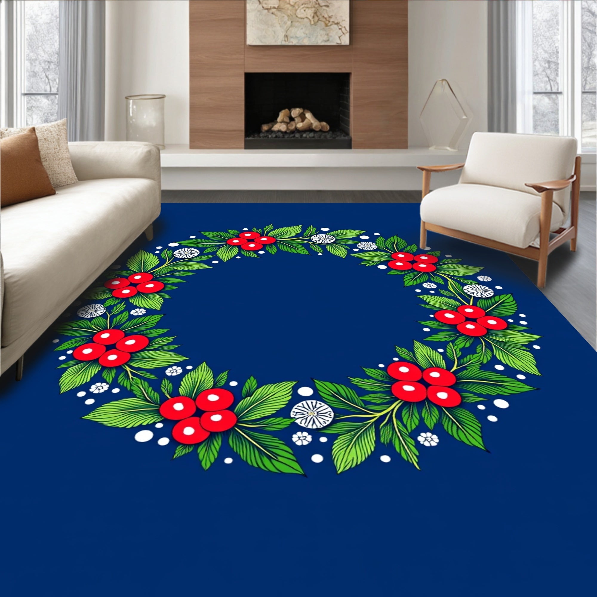 Crimson Berry Green Leaf Wreath Rug